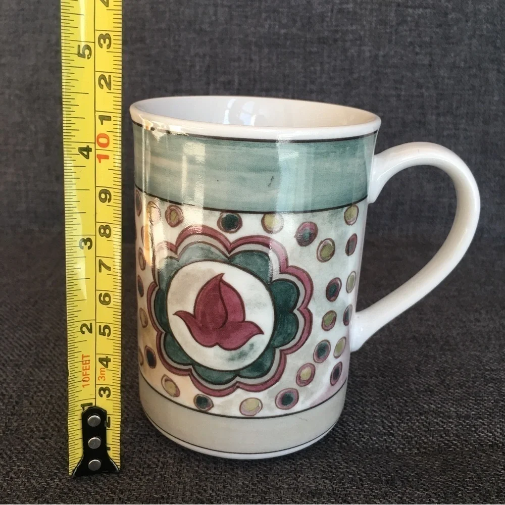 Floral Hamsa Polka Dot Coffee Mug, Cream, Green, Red, 11 oz